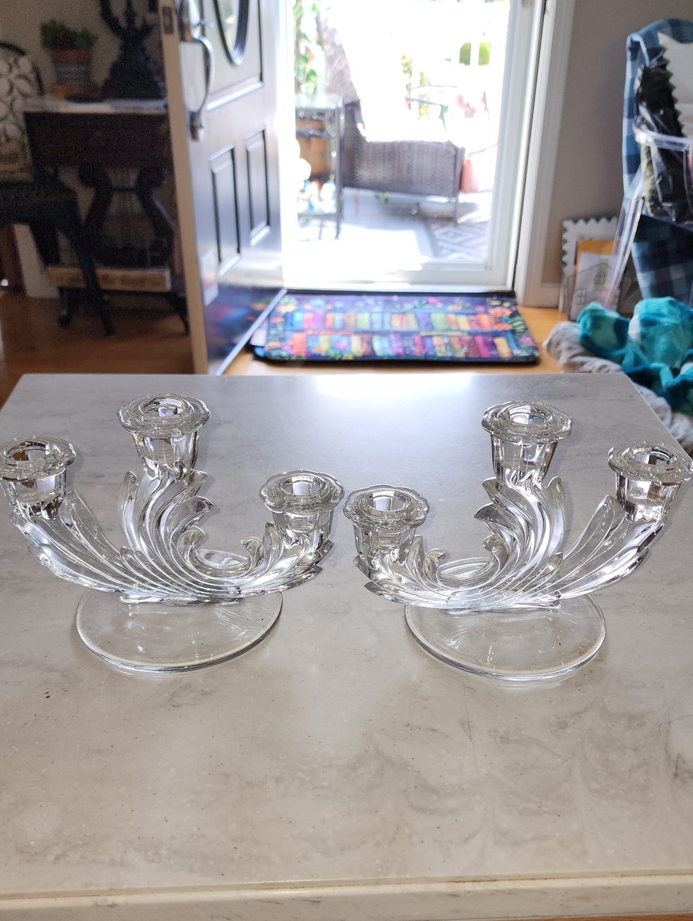 Clear Glass 3-Arm Candle Holders - Set of 2